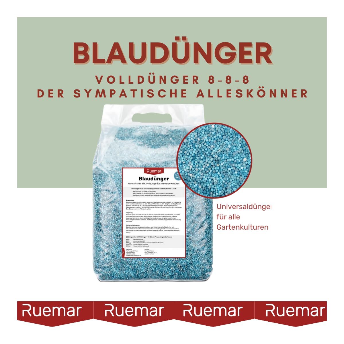 Ruemar Blaudünger NPK Dünger für Pflanzen 25 kg Universal Langzeitdünger Obst und Gemüse Blumen 8 8 8 organischer Pflanzendünger Zimmerpflanzen (2x12,5 kg)