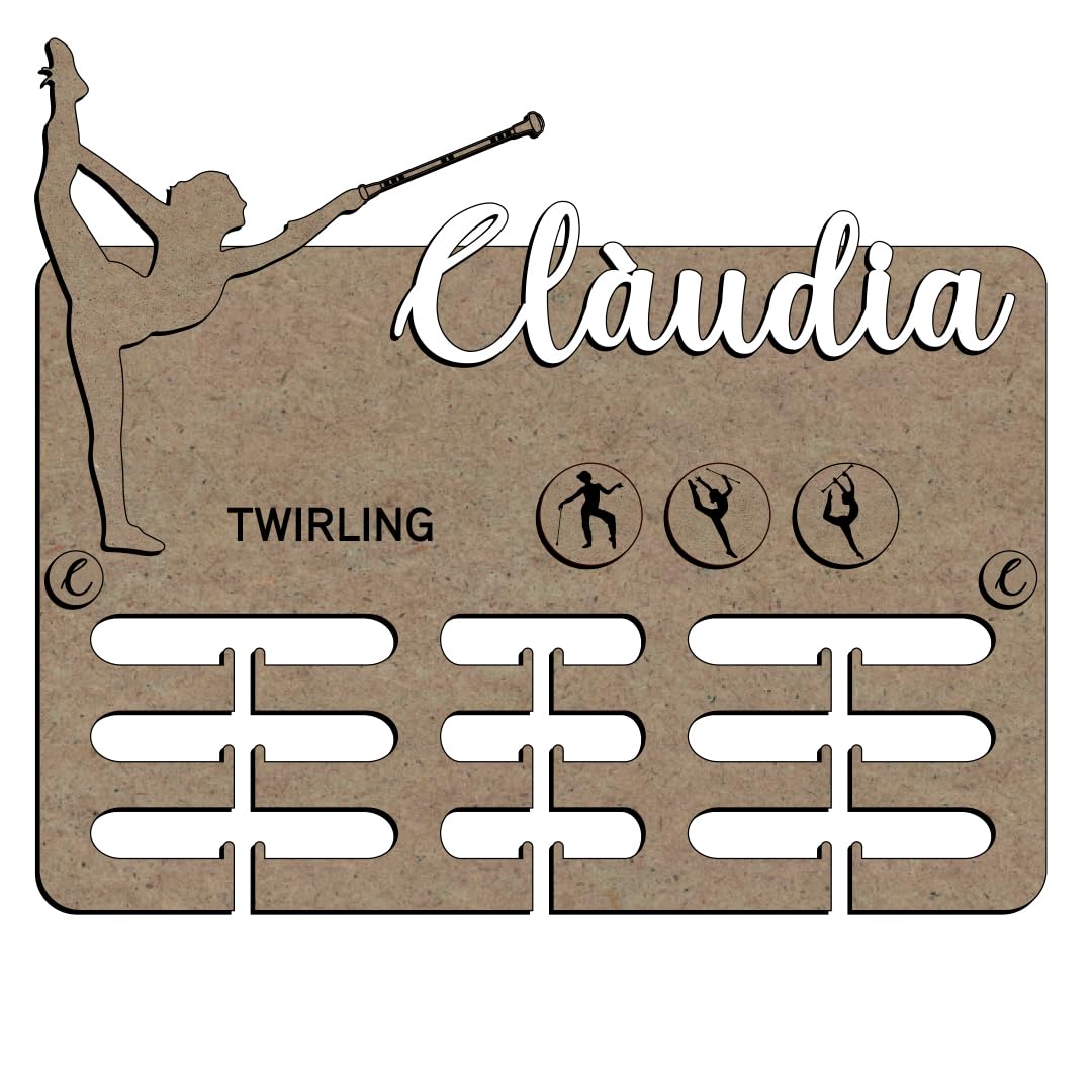 Medallero Twirling de Madera, Personalizado con Nombre y Deporte, Colgador de medallas. Soporte Organizador cuelga medallas Deportivas, Regalos para Deportistas