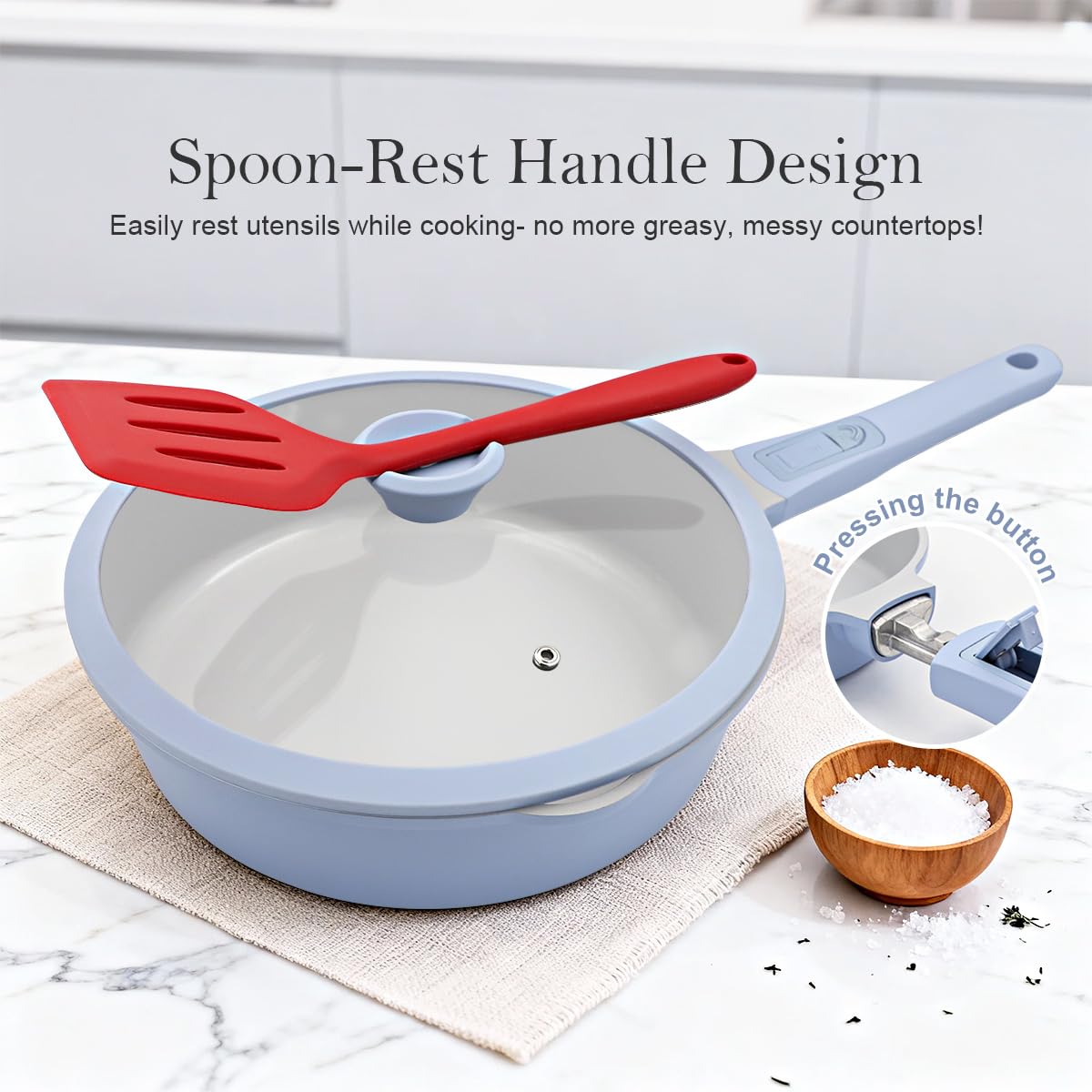 AIKENBBKK padella in ceramica 28 cm con coperchio, padella con rivestimento antiaderente con manico rimovibile, adatta a tutti i piani di cottura, adatta al forno (Azzurro)