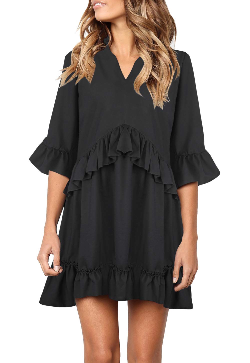 MITILLY Women's V Neck Ruffle Polka Dot Pocket Loose Swing Casual Short T-Shirt Dress