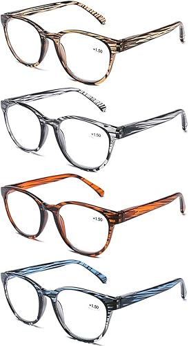 DOOViC Gafas de lectura para computadora, bloqueo de luz azul, antifatiga ocular, estilo a rayas, bisagra de resorte, paquete de 4 lectores para