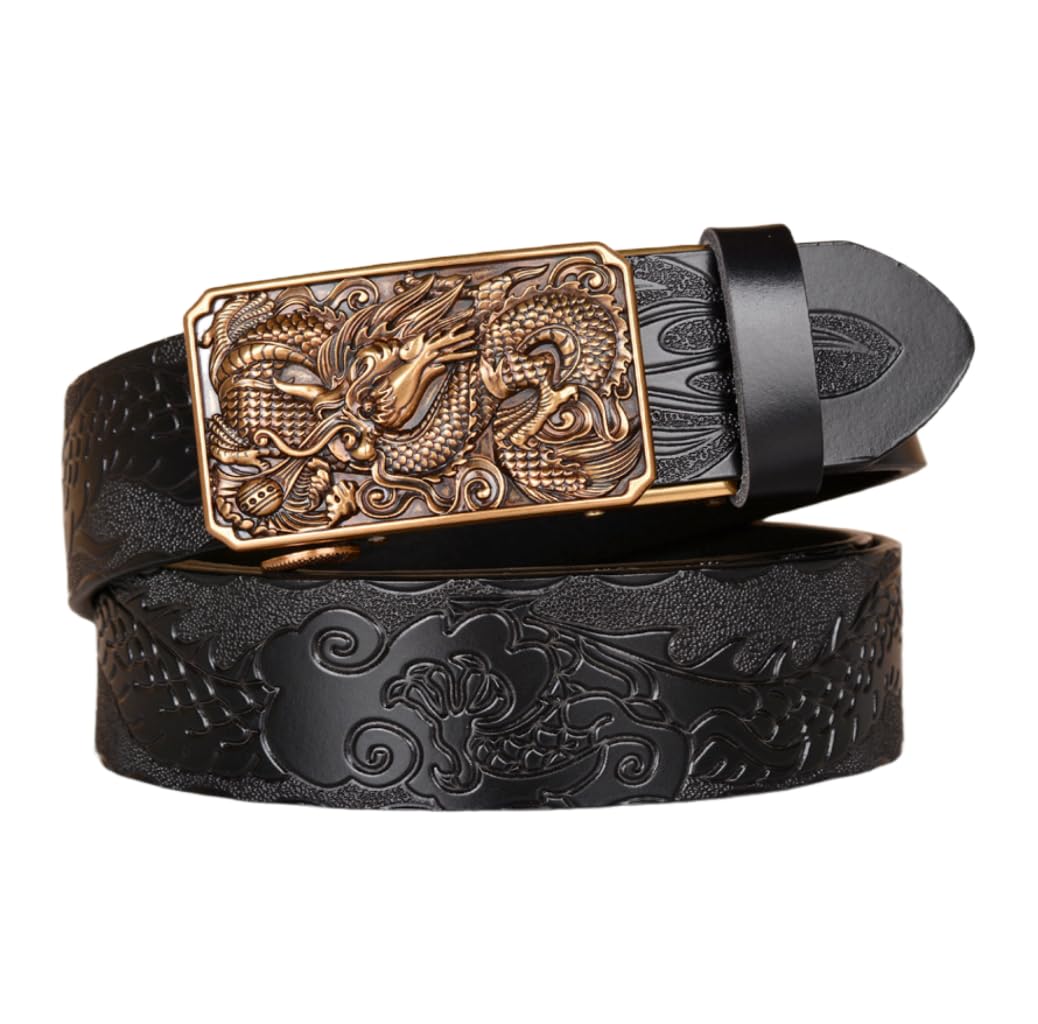 Men's Ratchet Leather Belt Vintage Dragon Embossed Brass Buckle Personalized Belt for Jeans (Dragon E, Black)