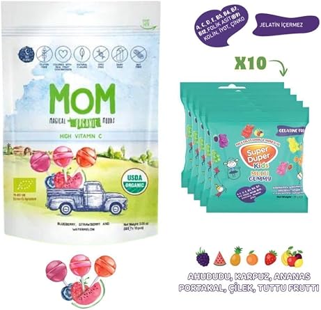 Super Duper Durukan  ekerleme Mom Organik Lolipop Meyveli C Vitaminli 58G ve Multivitamin Mineralli Jelibon Kids Gummy 10x20G