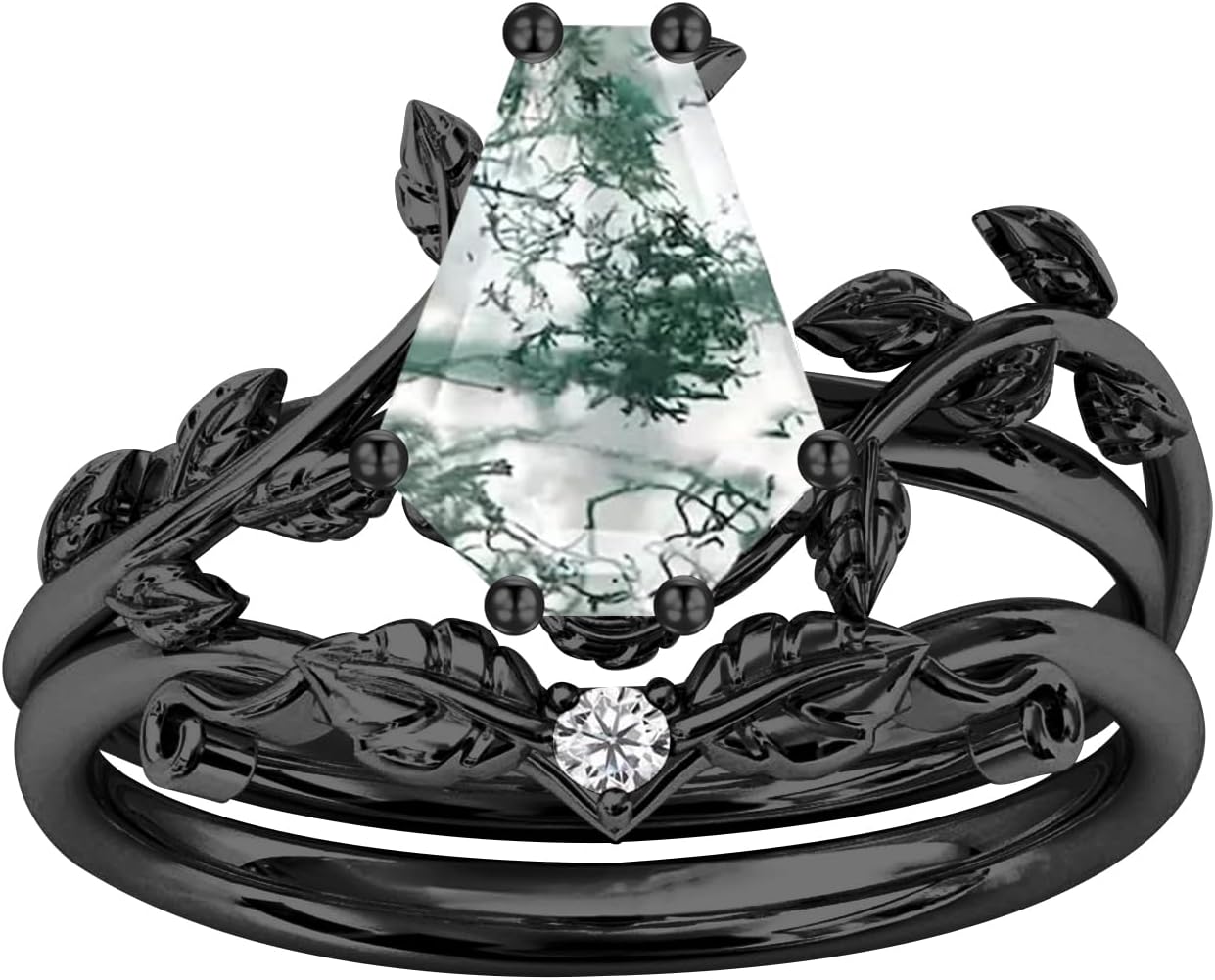 ROMANTICWORK Black Moss Agate Ring for Women 18K White Gold Filled 925 Sterling Silver Personalized Bridal Wedding Promise Rings Engagement Ring Valentine's Day Anniversary Jewelry for Her Wife