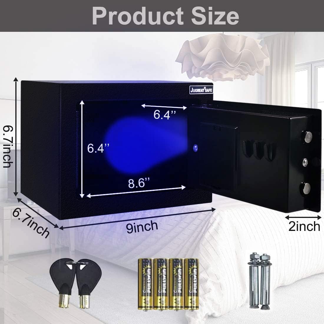 JUGREAT Safe Box with Induction Light,Electronic Digital Security Safe Steel Construction Hidden with Lock，Wall or Cabinet Anchoring Design for Home Office Hotel Business 0.23 Cubic Feet Black - - 