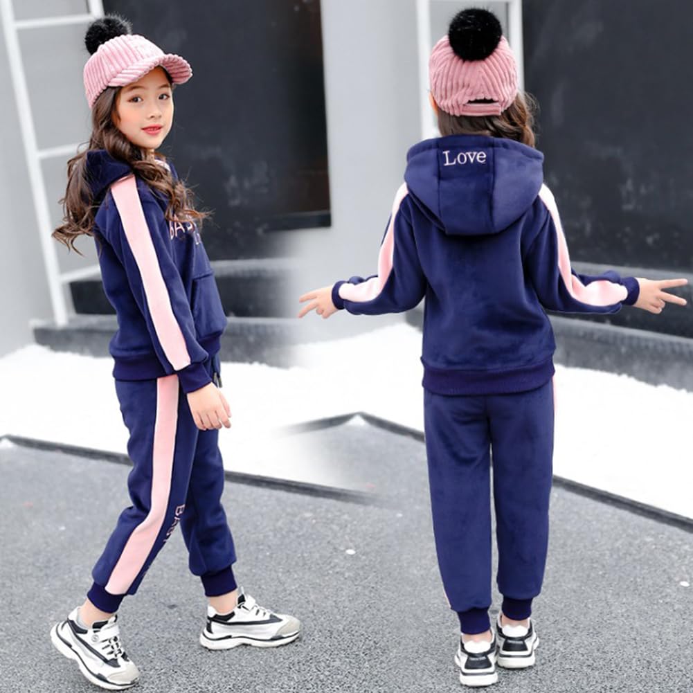 Conjunto Sudadera con Capucha y Pantalones para Niñas Ropa Deportiva Engrosamiento Chándal Terciopelo Dorado para 4-14 Años