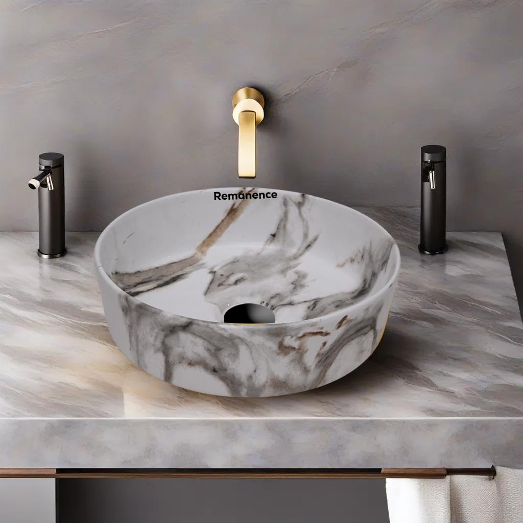 REMANENCE Round Countertop Wash Basin | Designer Table Top Bathroom Basin Sink | Vessel Sink Wash Basin Over Counter for Bathroom, Hotel, Home Living Room (12.5 x 12.5 x 5 Inch) (Designer White Grey) (B0D2D43GH1) Amazon Price History, Amazon Price Tracker