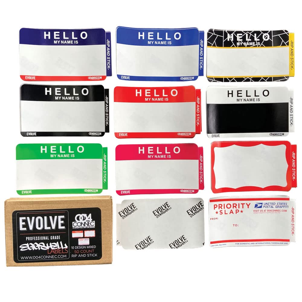 Eggshell Stickers 50 Piece, Hello My Name, Weather Resistant Peel and Stick Graffiti Stickers, Name Tag Labels, 3.9 x 2.3 inches (Mixed Pack)