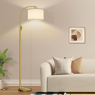 【Upgraded】 Dimmable Brass Floor Lamp, 1200 Lumens LED Bulb Included, Arc Floor Lamps for Living Room Modern Standing Lamp with Linen Shade, Tall Lamp for Living Room Bedroom Office Reading Room