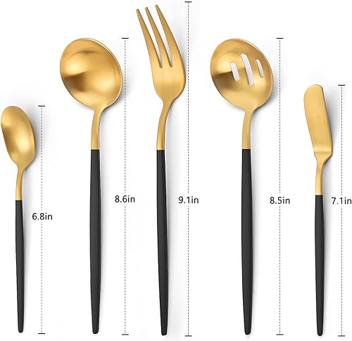 Miniatura 2 de VANVRO Juego de Cubiertos de Servir Plateados Negro Mate Dorado, Juego de Utensilios Compartidos Redondos de 5 Piezas de Acero Inoxidable, Juego de