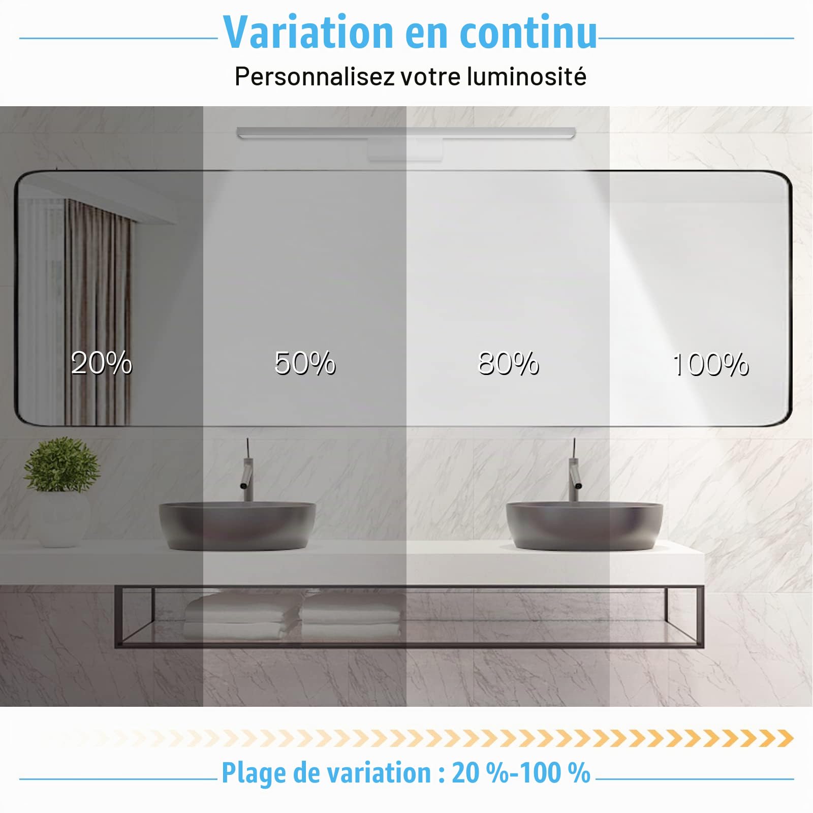 NIORSUN Lampe miroir de salle de bain LED 15 W 60 cm, 1400 Lm, gradation libre 3 000 K - 6 000 K, lampe de miroir dimmable avec télécommande, acier inoxydable, lumière miroir de salle de bain étanche
