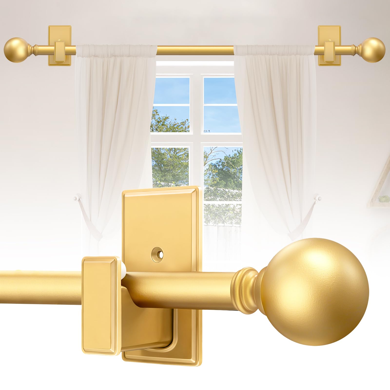 Photo 1 of TKZTKZ Curtain Rods No Drilling, 36-88 Inch Adjustable No Drill Curtain Rod with Adhesive Brackets, 5/8" Renter Friendly Stick On Rod for Apartments, Bedroom, RV, Heavy Duty 20-30 lbs, Brass Gold