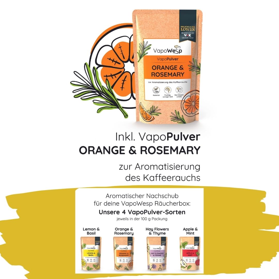 VapoWesp Räucherbox gegen Wespen und Mücken Outdoor | Aromatisierter Kaffeerauch vertreibt lästige Insekten auf natürliche Art, geniessen Sie entspannte Stunden im Freien, Orange & Rosemary Pulver