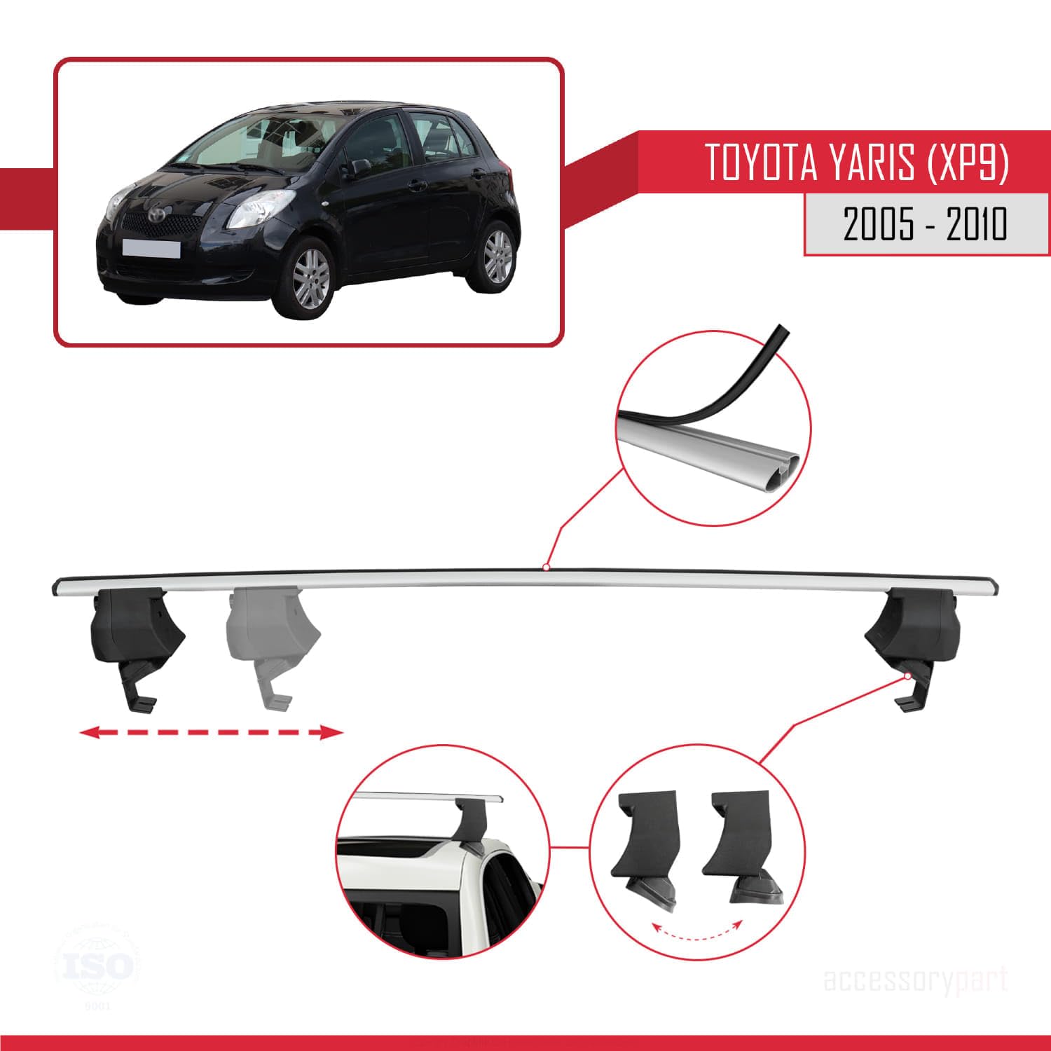 Barres De Toit ACE-4 Pour Toyota Yaris 2 (2005-2010) Sans Rails - 2 Barres Aluminium, Charge 75kg