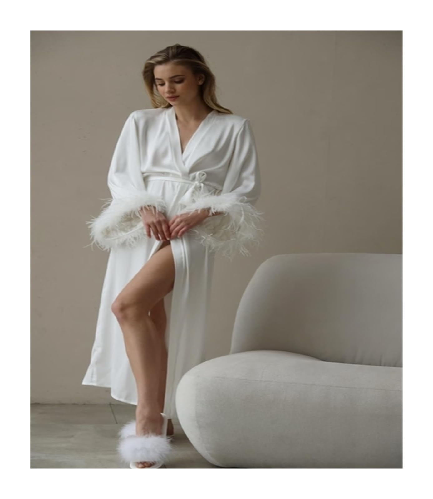 Peignoir Satin Femme Robe de mariée avec Manches en Plumes, Longue Robe Satin Soie Blanche for Les Tenues du Matin Jour Mariage, Chambre à