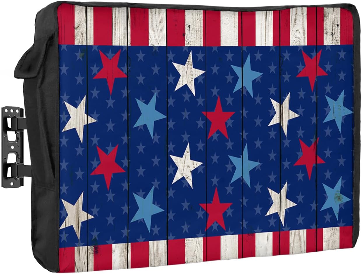 Outdoor TV Cover - 4th of July USA Flag Star Stripes Farmhouse Blue Red Waterproof and Weatherproof 60"-65" LCD Movable Shield TV Display Screen Protector Outside Television Covers
