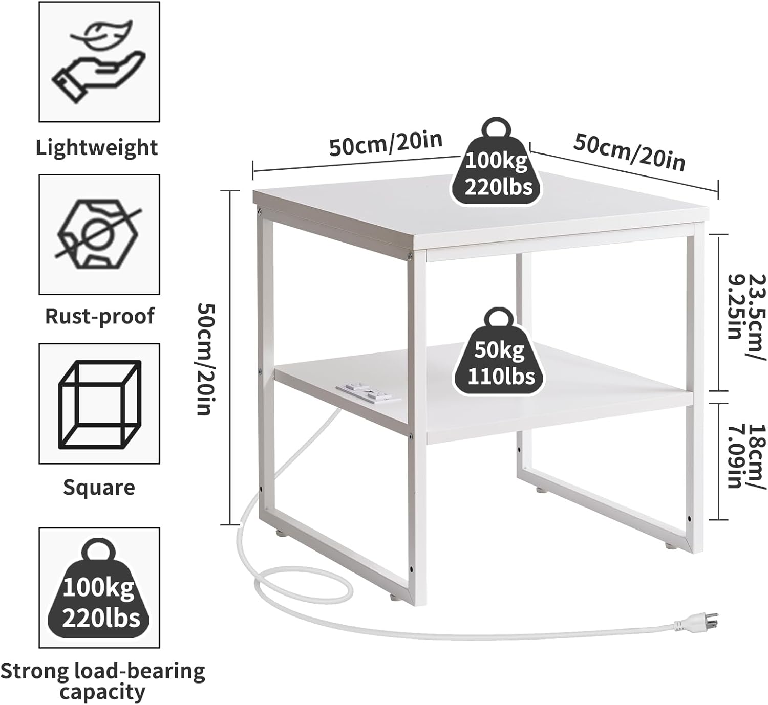 Living Room Large Side Table, End Table with Charging Station, Refrigerator Stand Printer Table with Adjustable Shelves, Office Square Coffee Table with USB Ports White YD-TM153WD