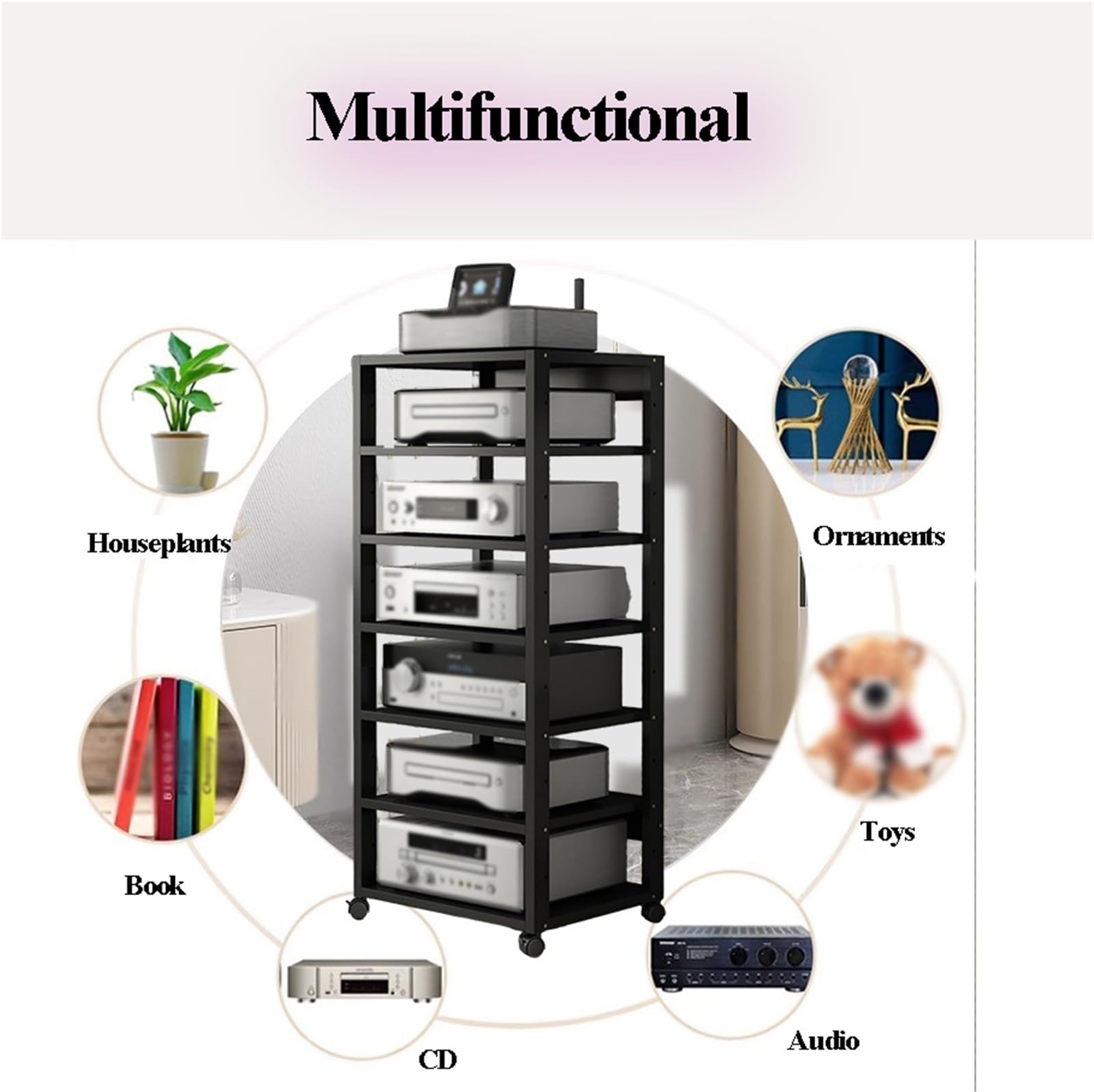 Audio HiFi Regal Rack 7-stufiges Audio-Rack for Heimkino, Stabiler Metallrahmen mit 360-Grad-Rollen, höhenverstellbares Regal for Büros/Aufnahmeräume/Heimkino(Schwarz)