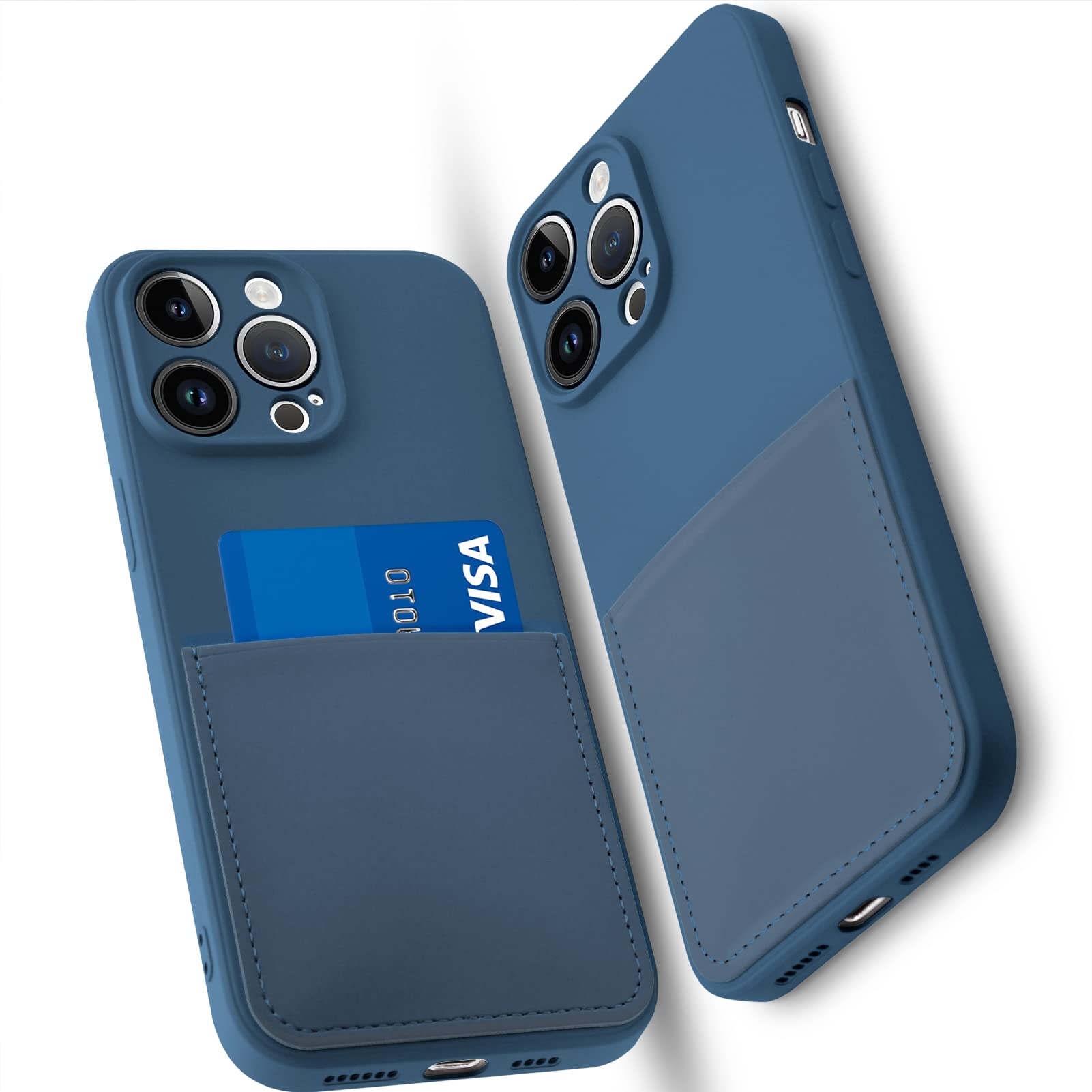 OBHEI Silicone Wallet Phone Case for iPhone 13 Pro Max 6.7 Inch with Credit Card Holder Pocket, Full-Body Bumper Protection Camera Protect Case (Blue)