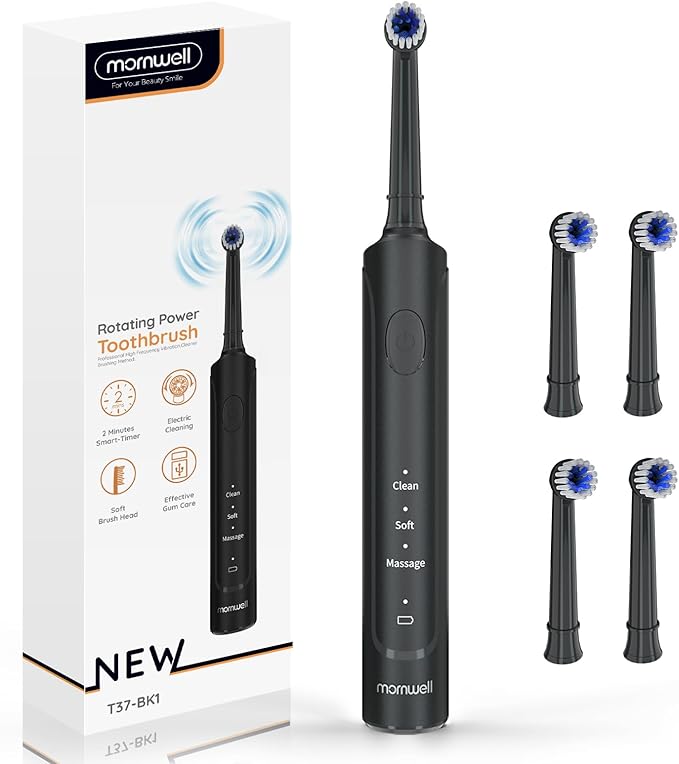 Mornwell Cepillos de dientes eléctricos de rotación Adultos 2 Cabezales, Carga Rápida y Utilizar por 15 Días, 2 Cabezales y Temporizador de 2 Minutos, Cepillo Dientes rotación Negro
