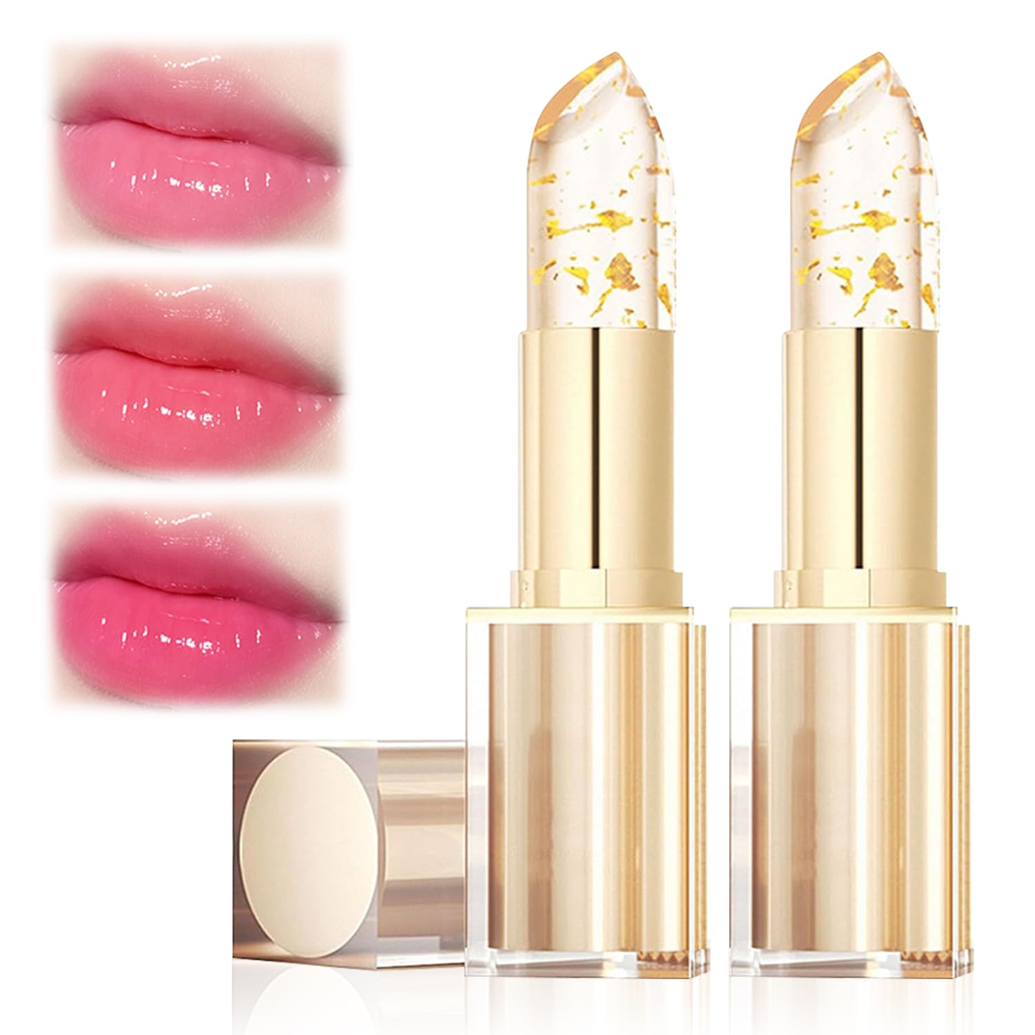 2PCS Kivora Transferproof Color Changing Lipstick, Gold Crystal Ph Lipstick Color Changing, Clear Lip stick That Changes Color for Women, Long Lasting 24 Hours Moisturizing Glossy Shine Lip Gloss