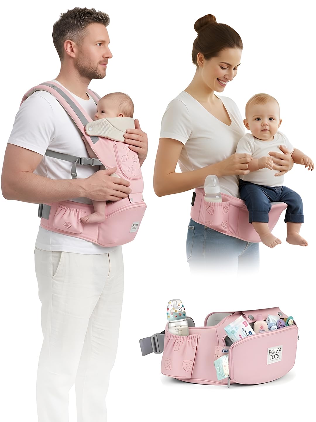 POLKA TOTS 6 in 1 Baby Carrier with Detachable Hip Seat,Convertible Cushioned Toddlers Carry Bag with Strong Back & Lumbar Support,Adjustable Soft Kangaroo Waistbelt for 3 to 36 Months Infants (Pink)-image-40
