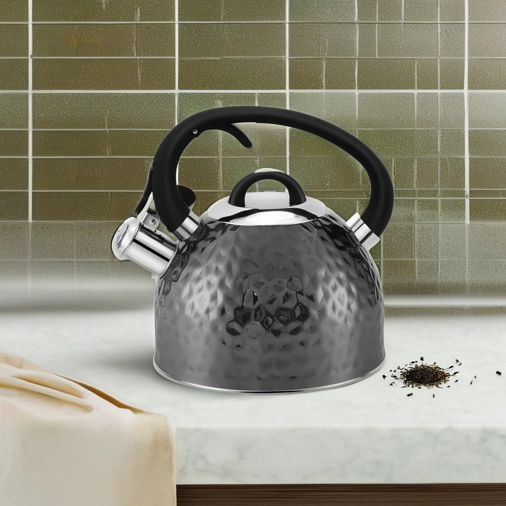 Copper Tea Kettle Stainless Steel Teapot Whistling Kettle Unique Button Control Kettle Outlet Loud Whistle Food Grade Teapot 3.2 Quart / 3 Liter Black