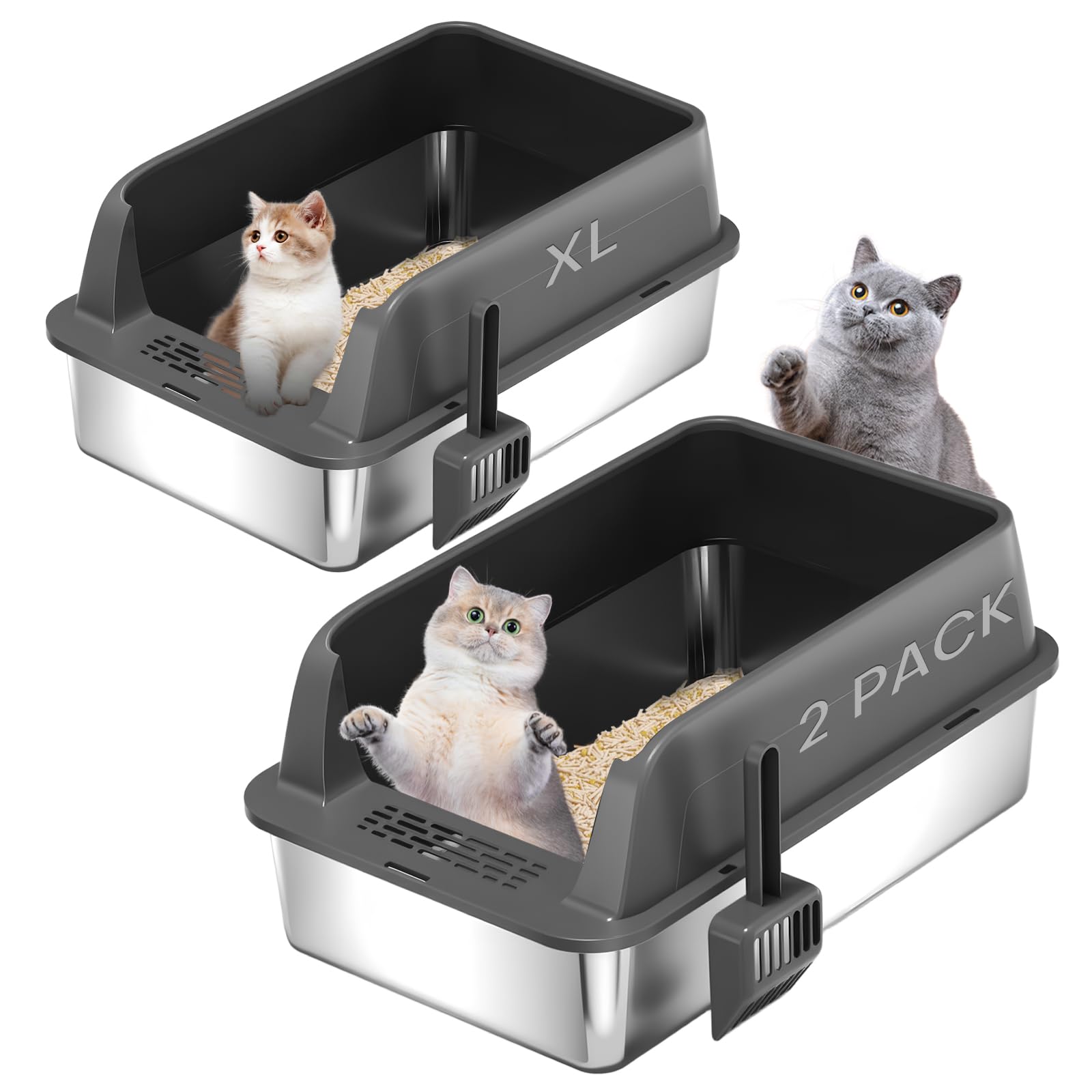 Homegroove Juego de 2 cajas de arena para gatos de acero inoxidable, 58 x 38 x 28 cm, XL, metal, para gatos grandes, con tapa y borde alto, incluye pala, fácil de limpiar (gris oscuro)