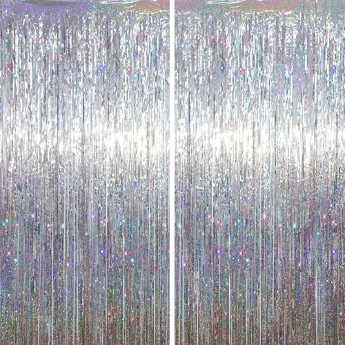 Image of Voircoloria 2 Pack Laser Silver Tinsel Foil Fringe Curtains, Silver Party Decorations, Metallic Tinsel Party Streamers Backdrop for New Years Birthday Halloween Wedding Party Decorations
