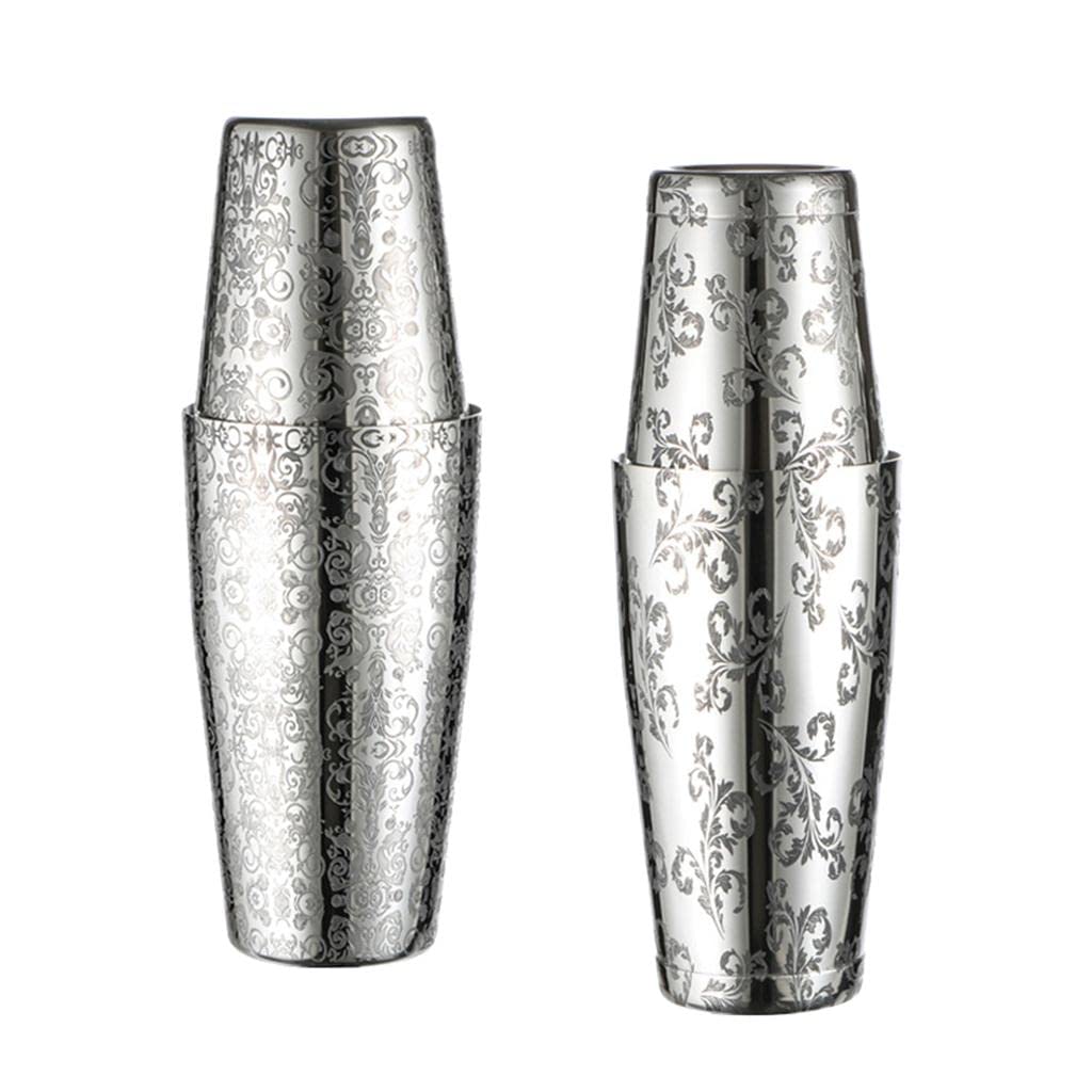 Shaker Cocktail Set Professionale Miscelatore Tin On Tin Acciaio Inox Decorato Incisione Adatto a Bar Feste Matrimoni Banchetti, con Base