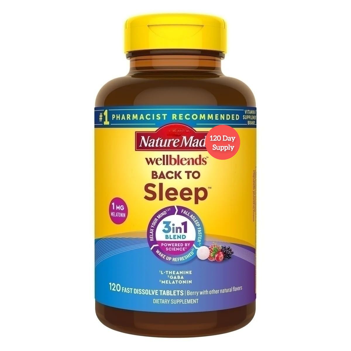 Natures Mades Wellblends Back to Sleep, 120 Fast Dissolve Tablets Bundle | 3-in-1 Blend to Provide Fast Acting Sleep Support | Low Dose Melatonin 1mg | 120 Day Supply