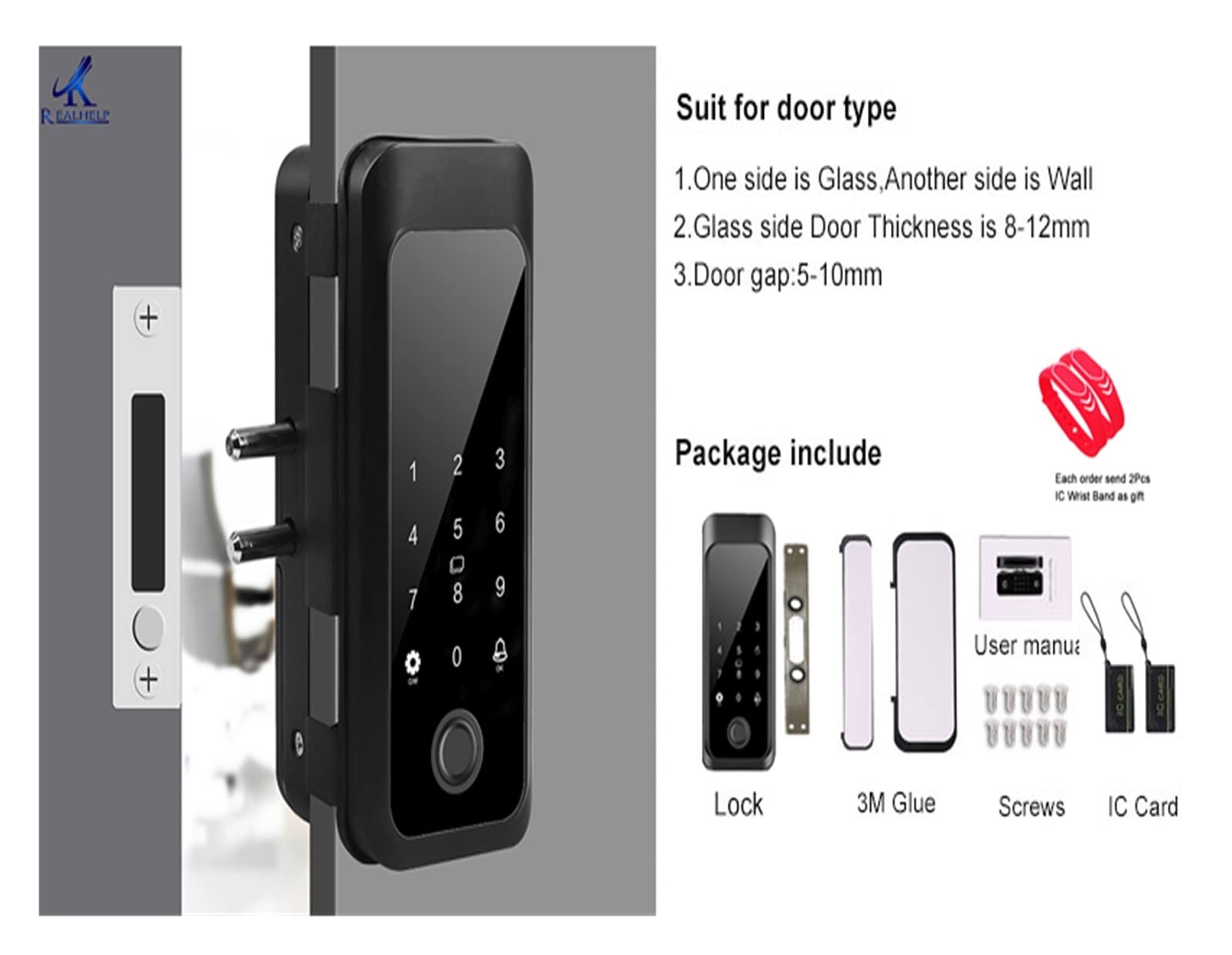 Serratura Smart, Blocco impermeabile for impronte digitali esterno adatto for spessore porta 10-12 mm Smart Home App Tuya Control(Single Glass Door)