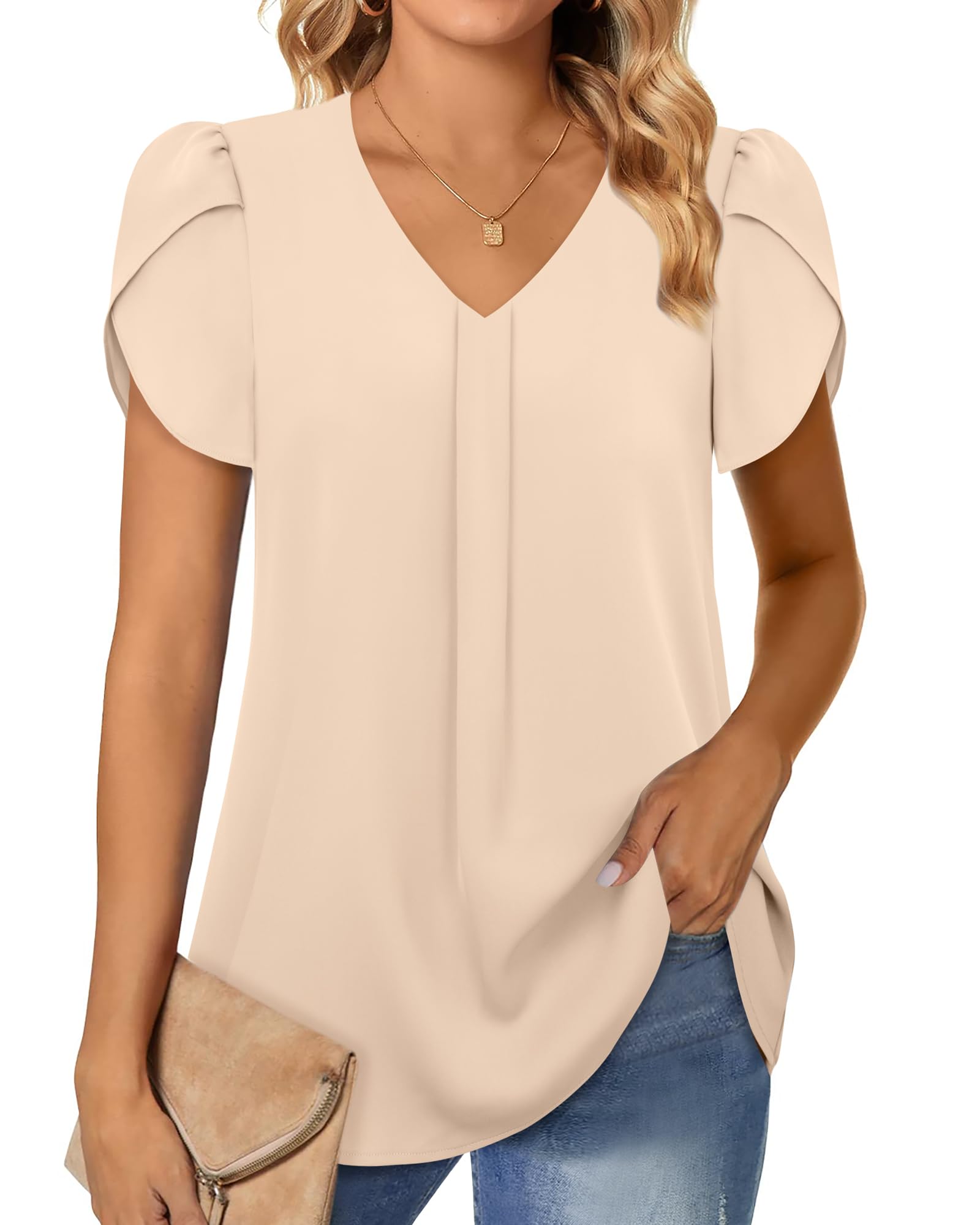 GaharuWomen's Dressy Blouses Casual V Neck Chiffon Shirts Short Sleeve Tunic Tops