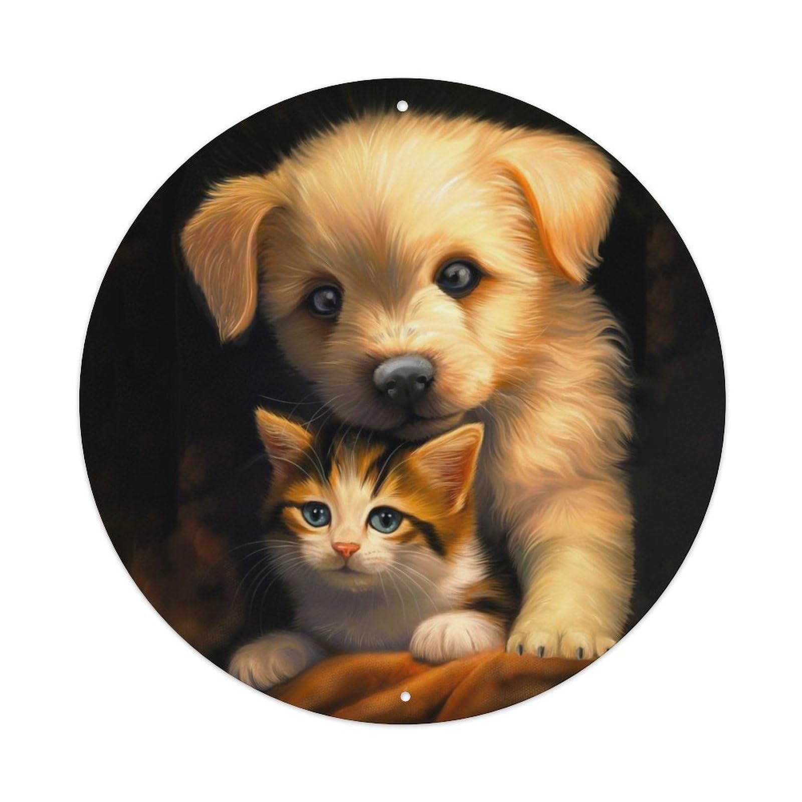 Animal Cute Puppy And Kitten Cuddle Portrait Lovely Pet Nursery Vintage Metal Tin Sign Plaque Wall Decor for Cafe, Club Bar, Office, Garden Metal Poster 8x8Inch