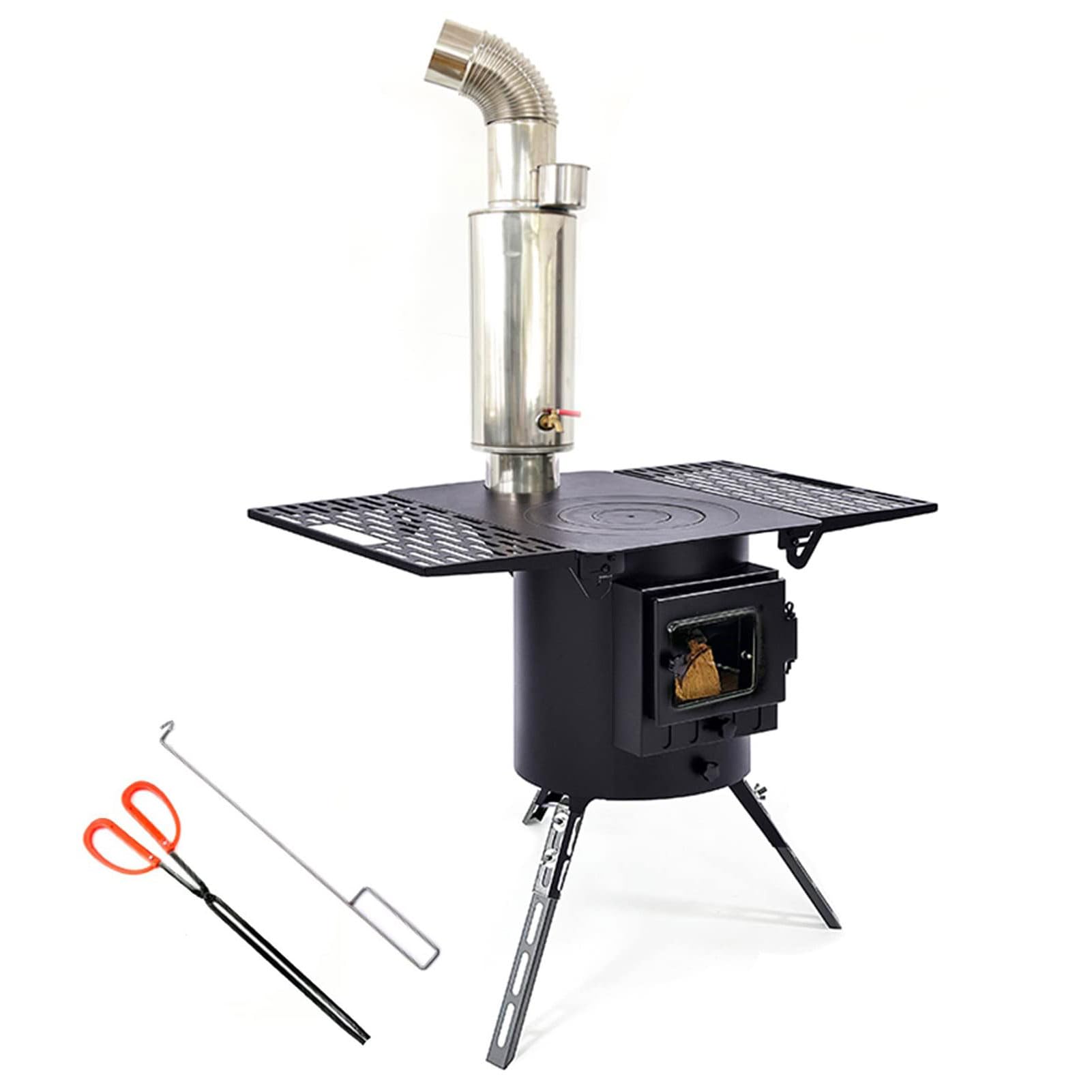 Poêle à bois camping avec cheminée inox idéal pour vos soirées barbecue et cuisine au jardin