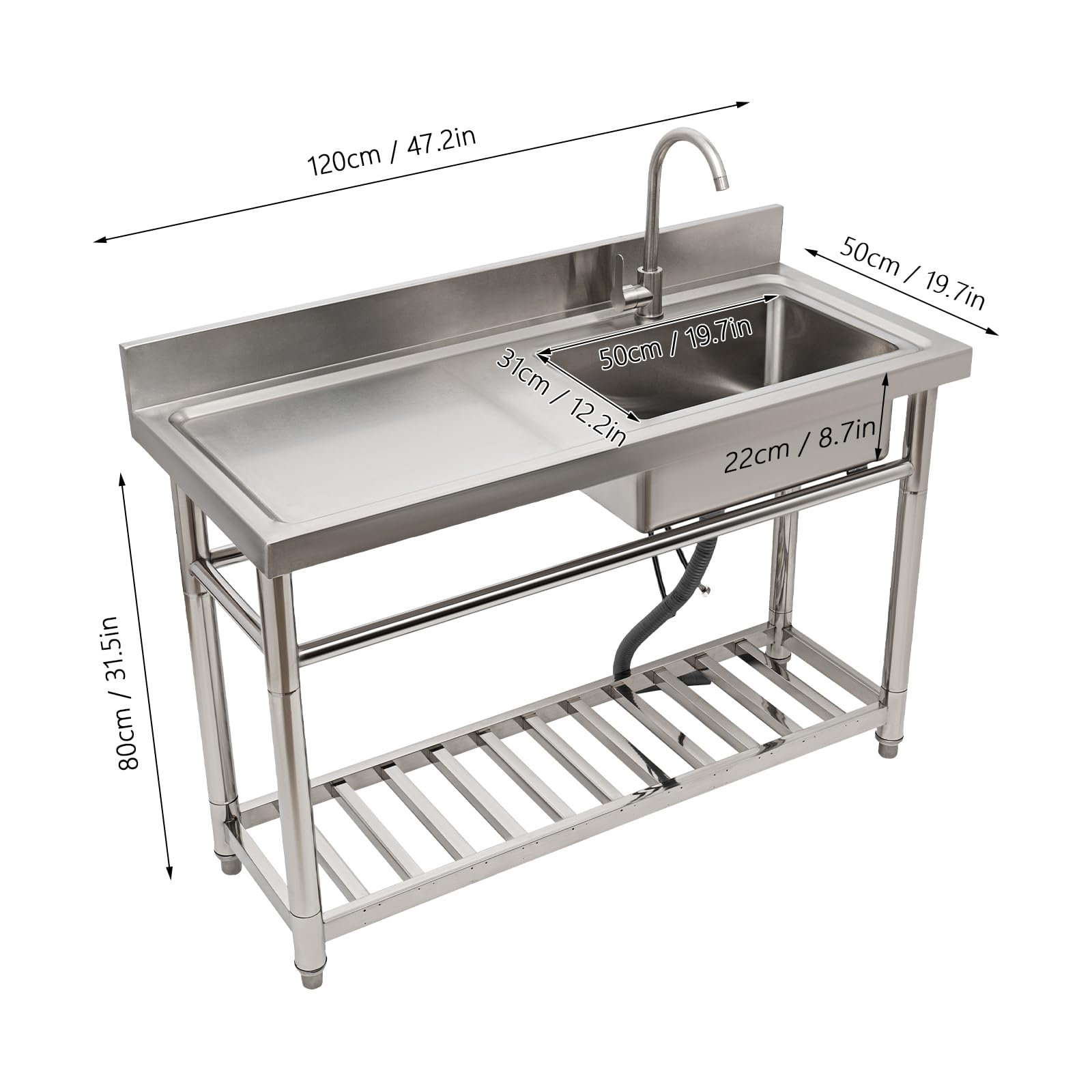 Commercial Utility Sink,Stainless Steel Kitchen Sink With Countertop And Hot & Cold Water Faucet,Double Bowl Adjustable,Free-Standing Water Tank For Kitchen,Laundry,Restaurant