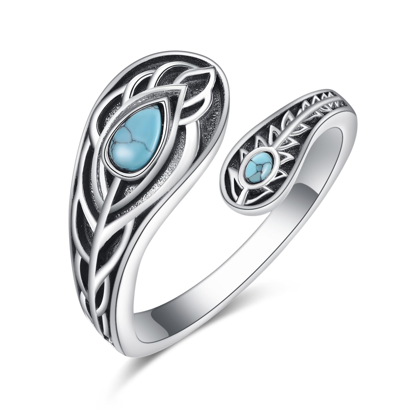 KINGWHYTE Anillo de plata de ley 925 con forma de cuchara de plumas y turquesa, ajustable, anillo abierto, turquesa occidental, regalo para mujer