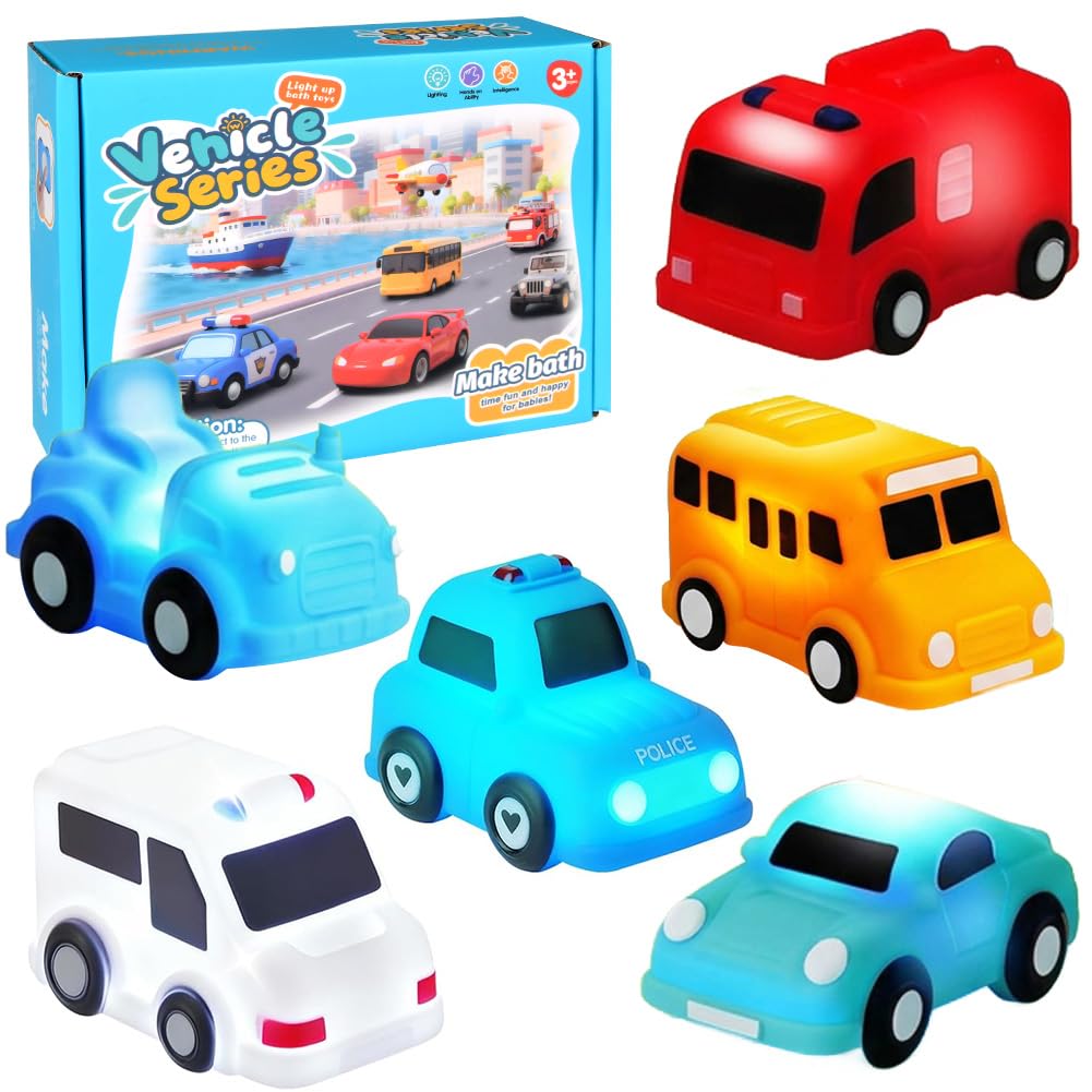 magimagi 6 PCS Light Up Bath Toys, Toddler Bath Cars Toys, No Hole No Mould, Bath Time Glow Sensory Toy for 1 2 3+ Year Olds, Baby Shower Toy for Boys & Girls, Gifts for Kids