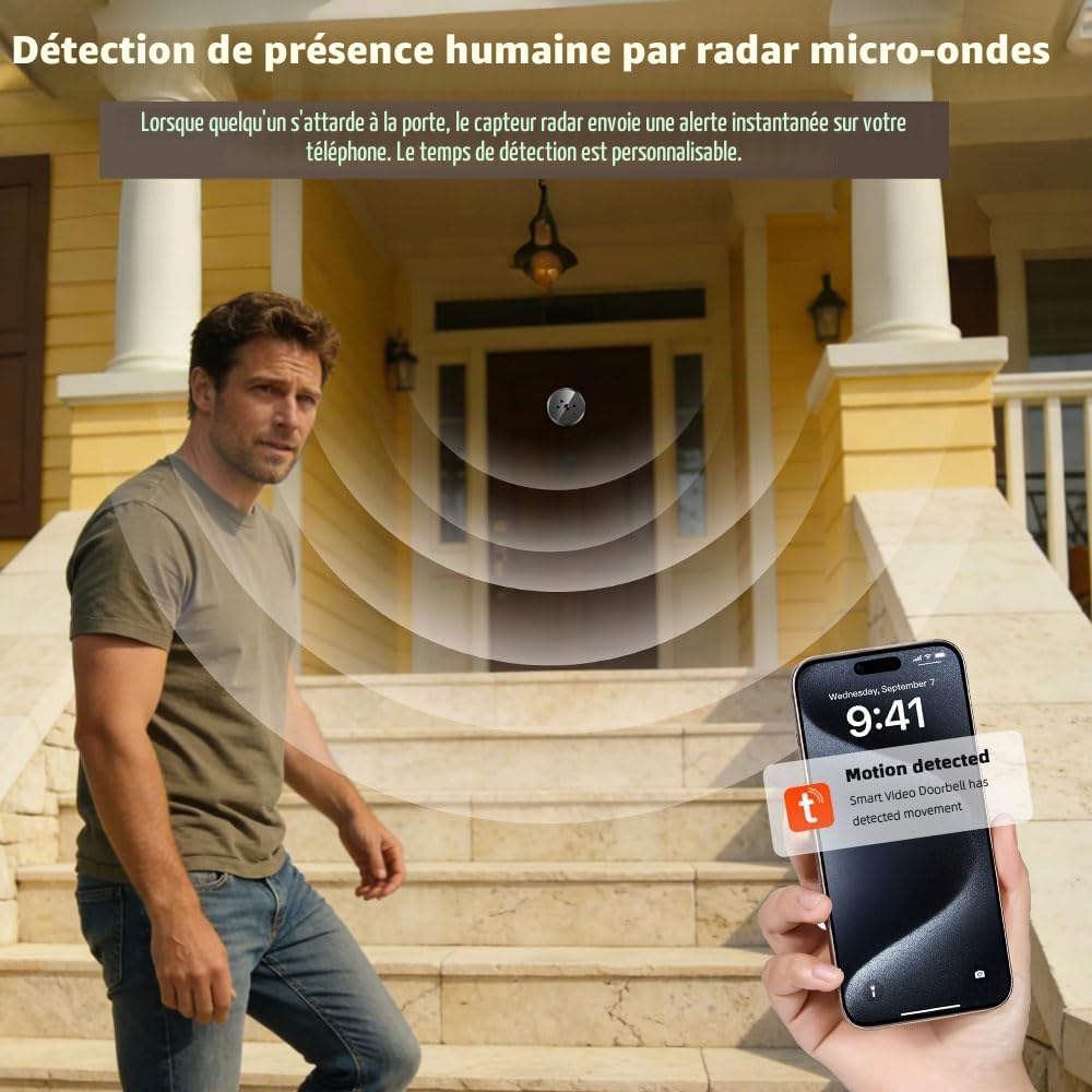 Radar Détection de mouvement, Judas WiFi 2K avec microphone, mini caméra numérique avec écran couleur de 4,3" avec batterie 5000 mAh, angle de 140°, vision nocturne, Wi-Fi 2,4 GHz