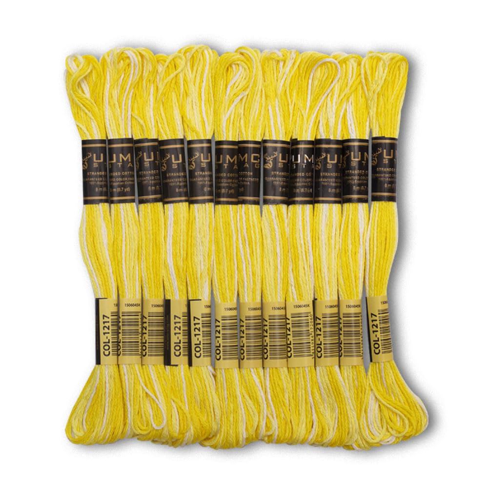 Pack of 12 Premium Embroidery Thread | 100% Egyptian Cotton Premium Skeins | Cross Stitch Embroidery Floss | Oeko TEX Certified | Ideal for Arts &amp; Crafts (Yellow Variegated 1217)