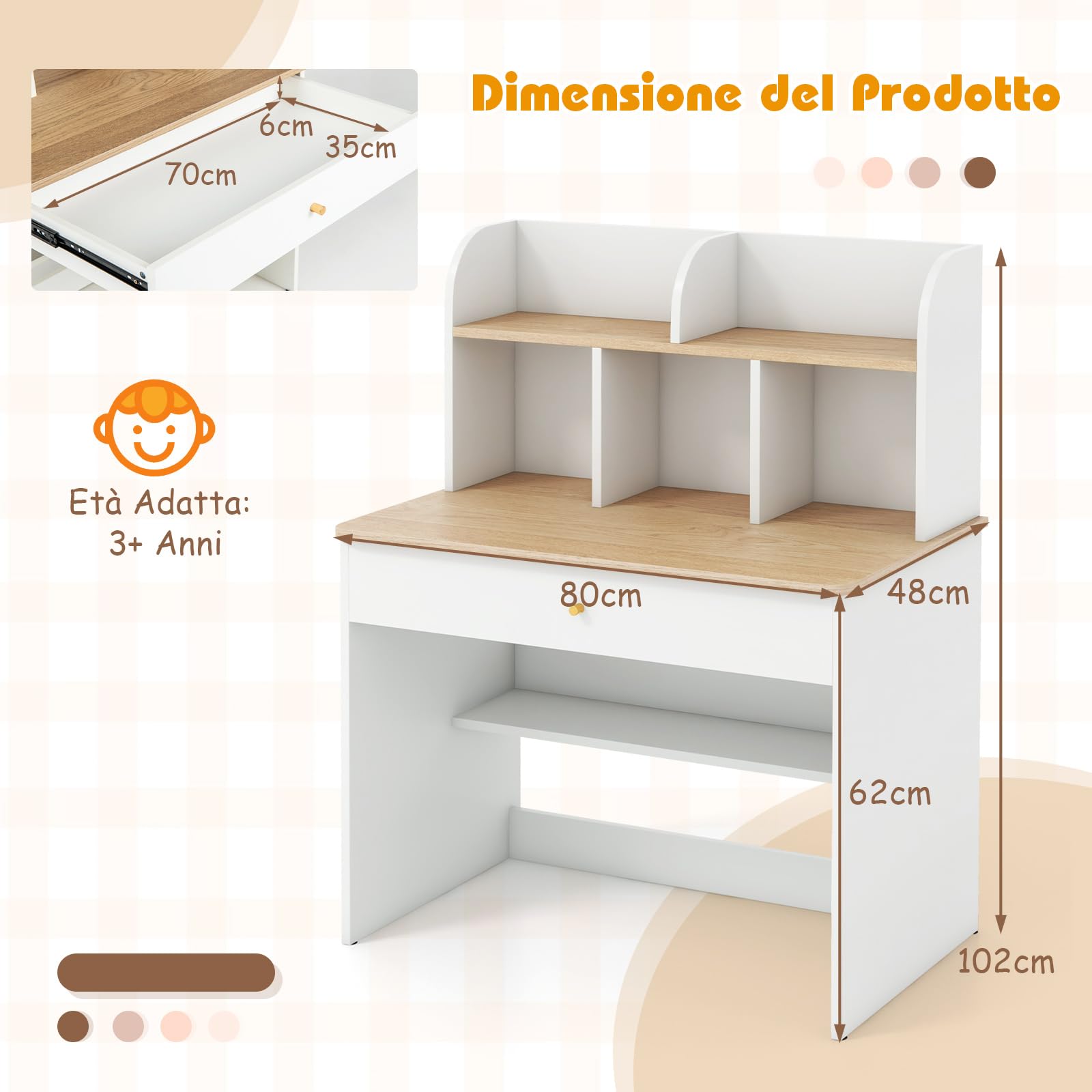 COSTWAY Scrivania in Legno 80 x 48 x 102 cm per Bambini 3+ Anni, Scrivania Cameretta Bambina con 5 Mensole, 1 Cassetto, Spazio di Lavoro e Angoli Arrotondati, Ideale per Studio e Disegno (Naturale)
