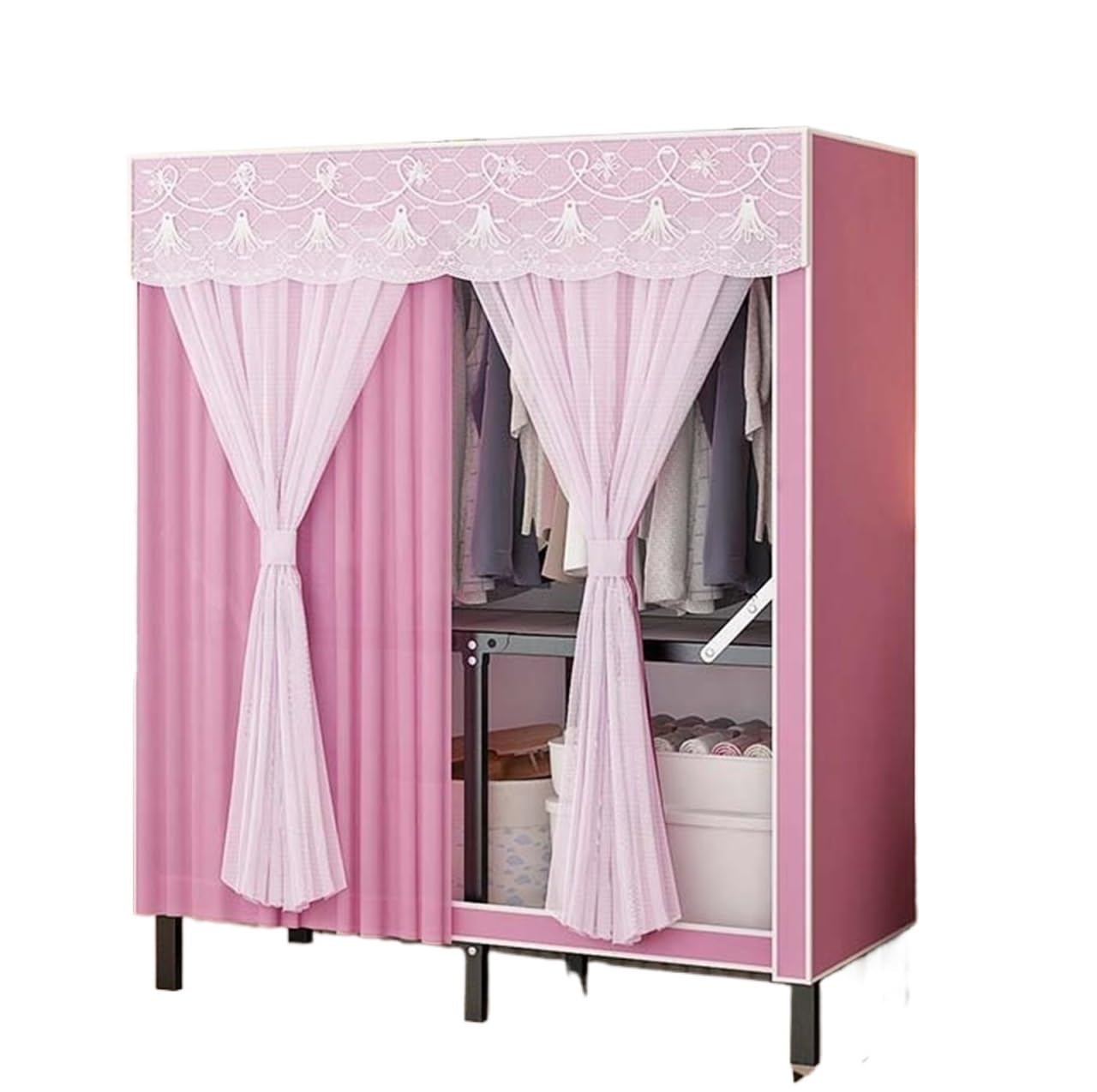 Wardrobe Closet Schrank Schrank Faltbar Mit Vorhang, Tragbare Schränke for Aufhängen Von Kleidung, Metallgarderobe Closet Aufbewahrungsschrank(Pink,80x46x170cm)