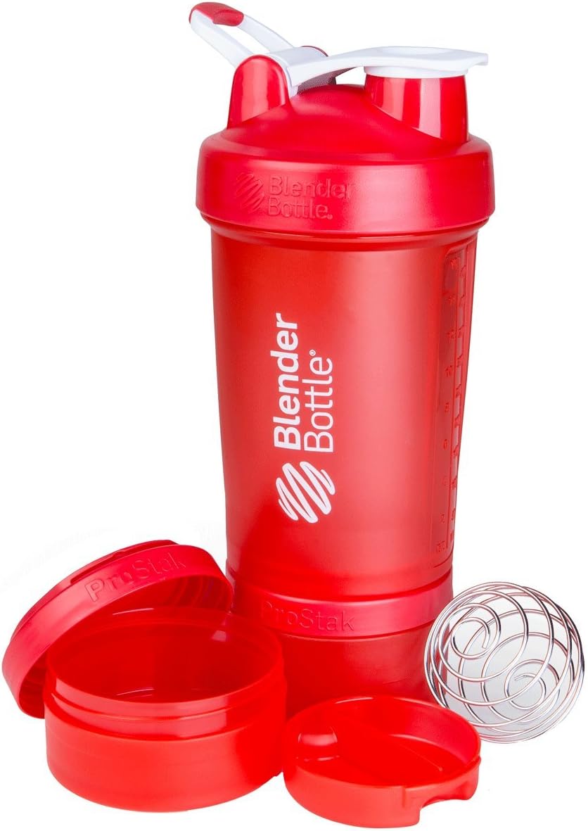 BlenderBottle ProStak System with 22-Ounce Bottle and Twist n' Lock Storage, Red/Red