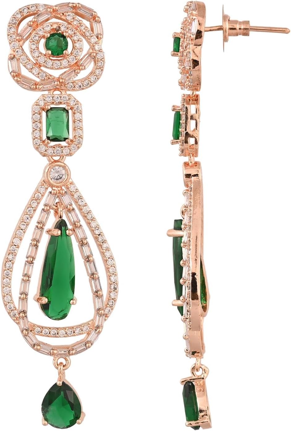 Ratnavali Jewels Rose Gold Plated Cubic Zirconia Dangle Drop Long Earrings For Women Statement Jewelry Wedding Brides