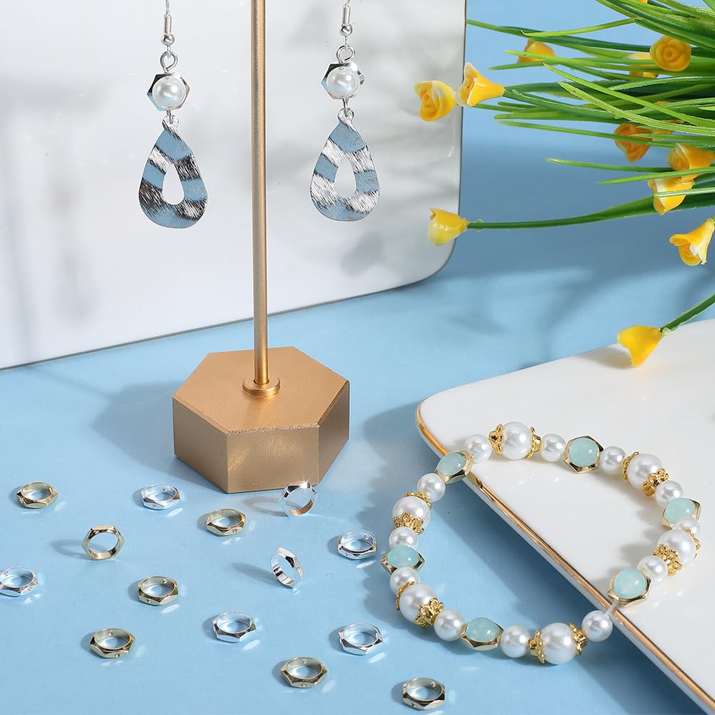 SUNNYCLUE 1 Box 60Pcs Brass Bead Frames Silver Spacer Bead Frame Hexagon Hollow Metal Brass Small Real 24K Gold Plated Spacer Beads Frame for Jewelry Making Beads Supplies DIY Necklace Bracelet Women - Image 4