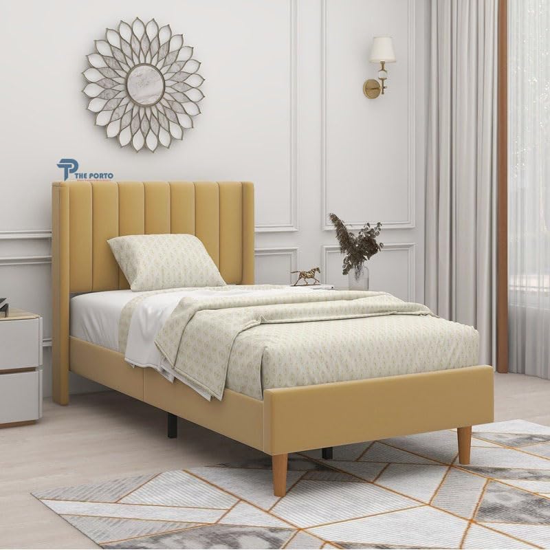 Image of Solid Wood Upholstered Single Bed for Bedroom Without Storage | Premium Fabric with Wingback Headboard | Wooden Single Bed Palang for Home | Stylish Single Cot Bed | 6 x 4 Ft, Pake Gold