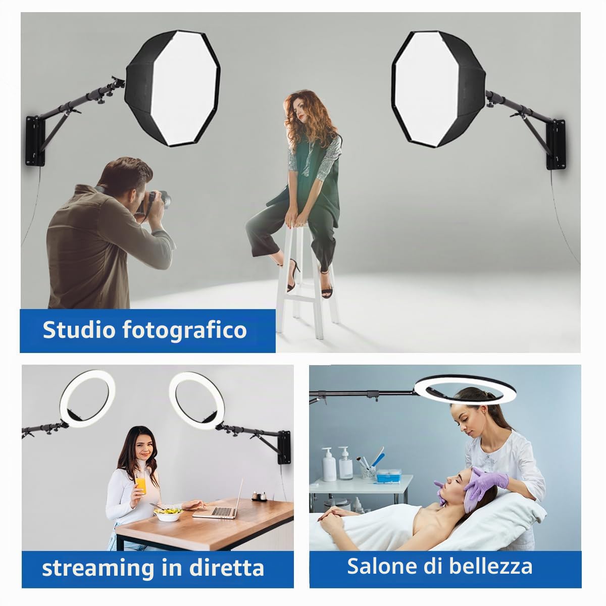 Confezione da 2 bracci triangolari per montaggio a parete, 180 cm, supporto per luce ad anello, supporto per luce da soffitto, rotazione flessibile a 180°, per luce video, flash, fotografia