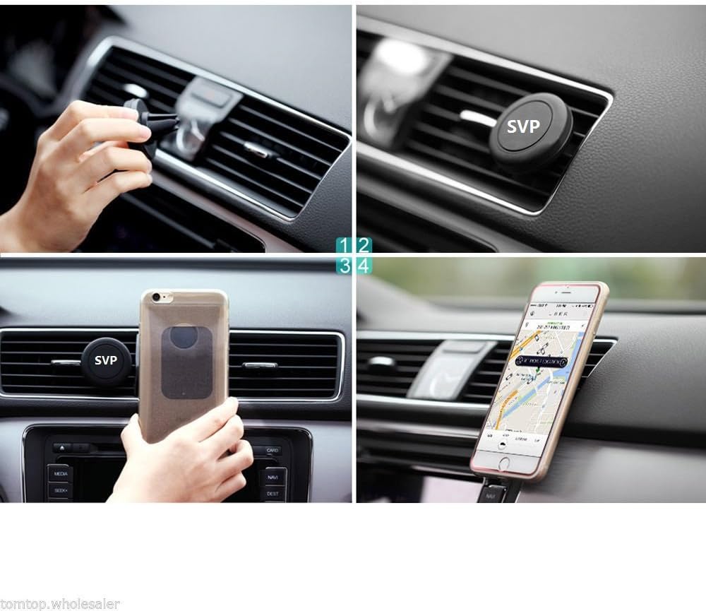 Four-panel collage showing installation and usage steps of the car mount