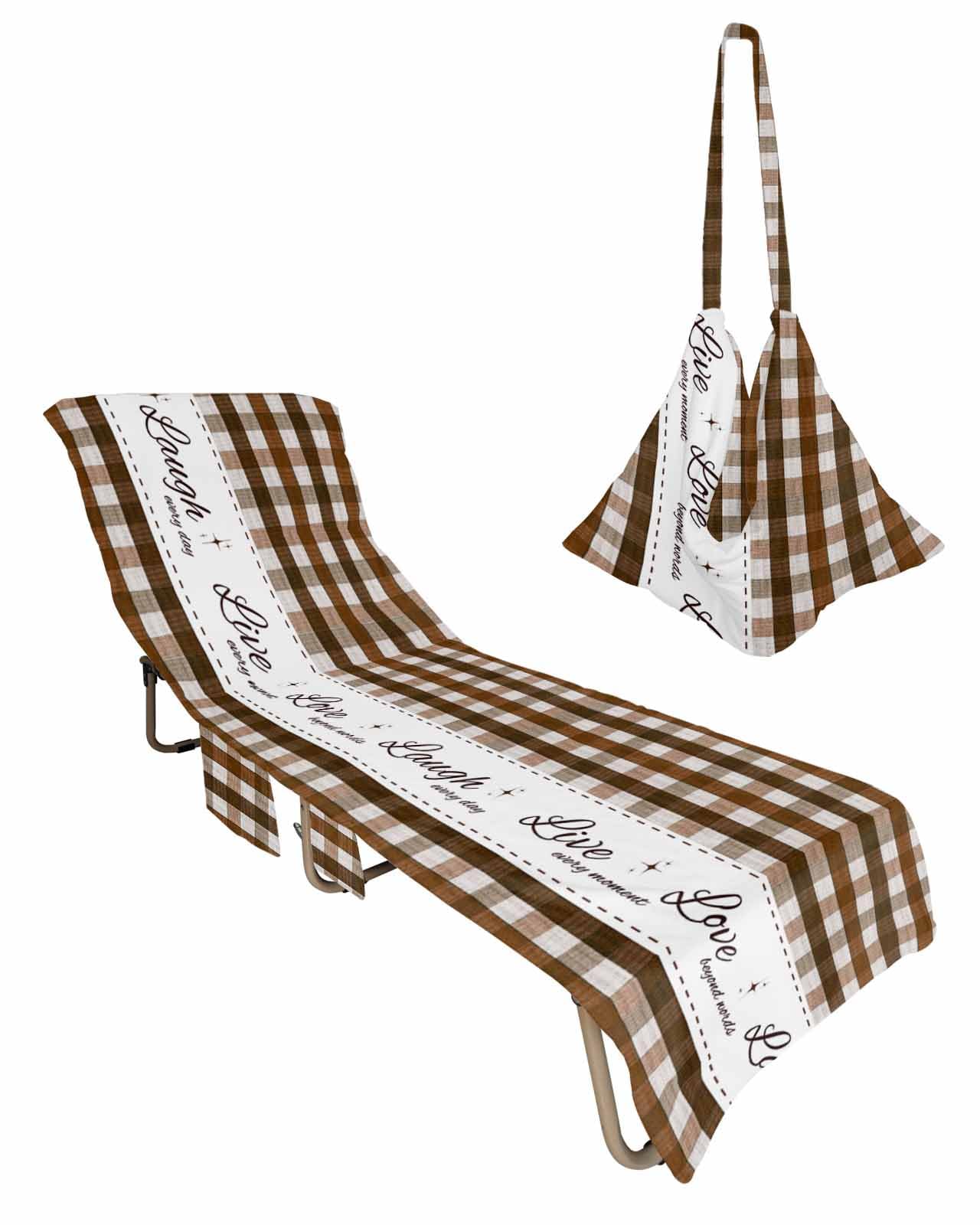 Buffalo Brown Beach Chair Towel Covers for Chaise Lounge with Side Pocket, Soft Plush Pool Towels Cover for Patio Sunbathing Outdoor Live Love Plaid Laugh Motivational Quote 29''x85''