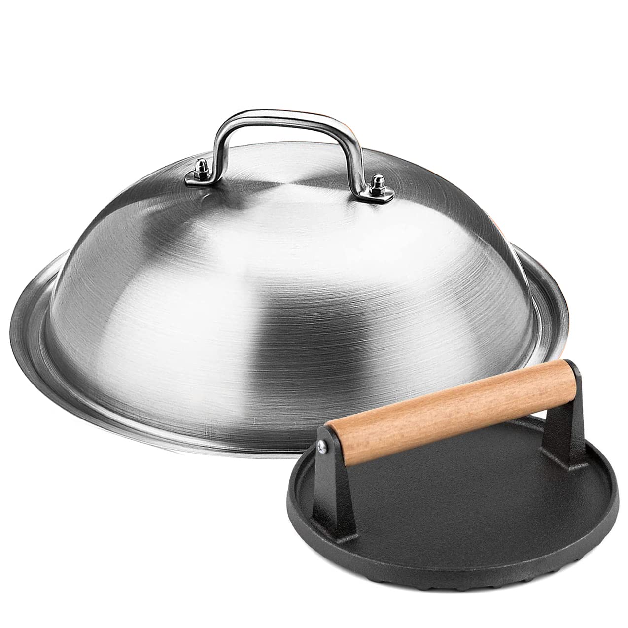 Griddle Accessories Kit - 30cm Heavy Duty Round Basting Cover Cheese Melting Dome with 17.5cm Round Cast Iron Burger Bacon Press - Perfect for Flat Top Griddle Grill Cooking